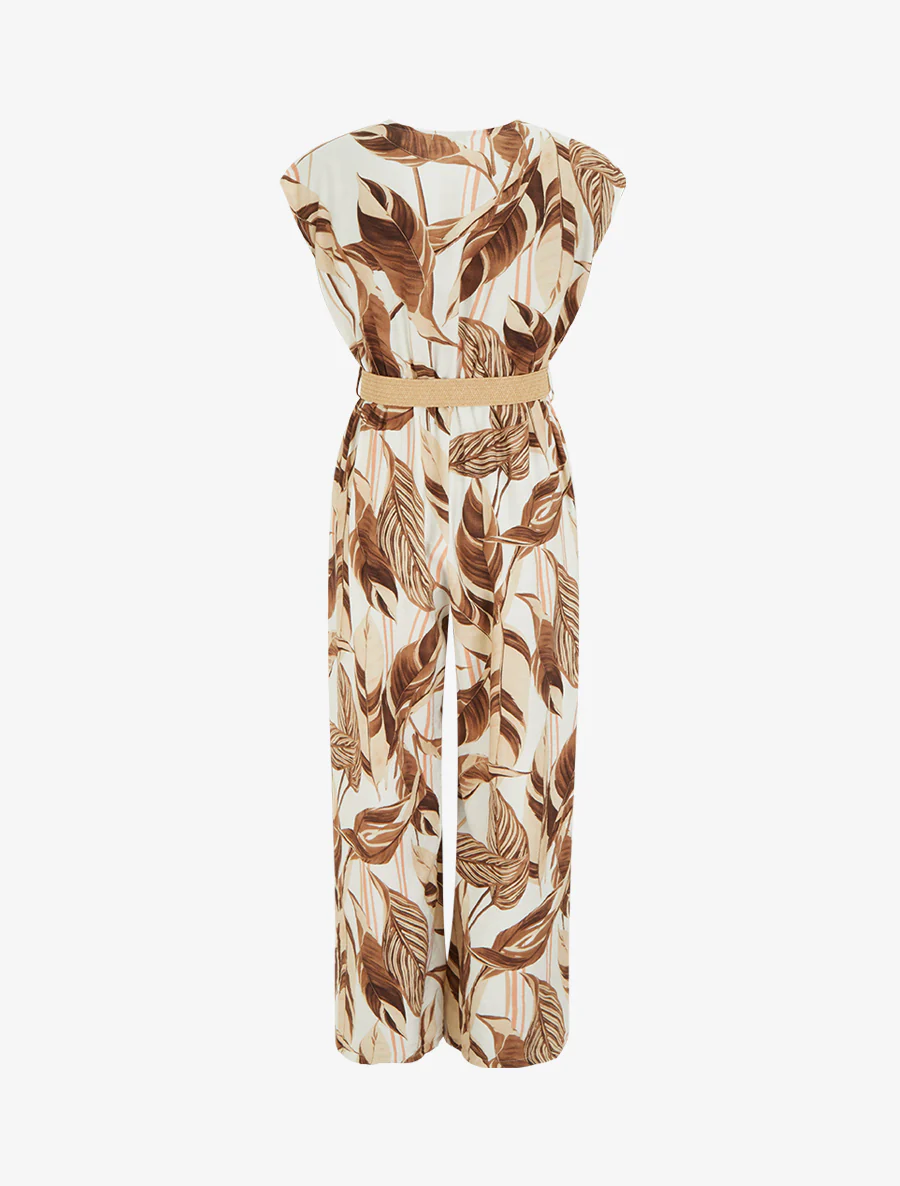 Bladprint jumpsuit met elastische tailleband - Bruin - Image 2