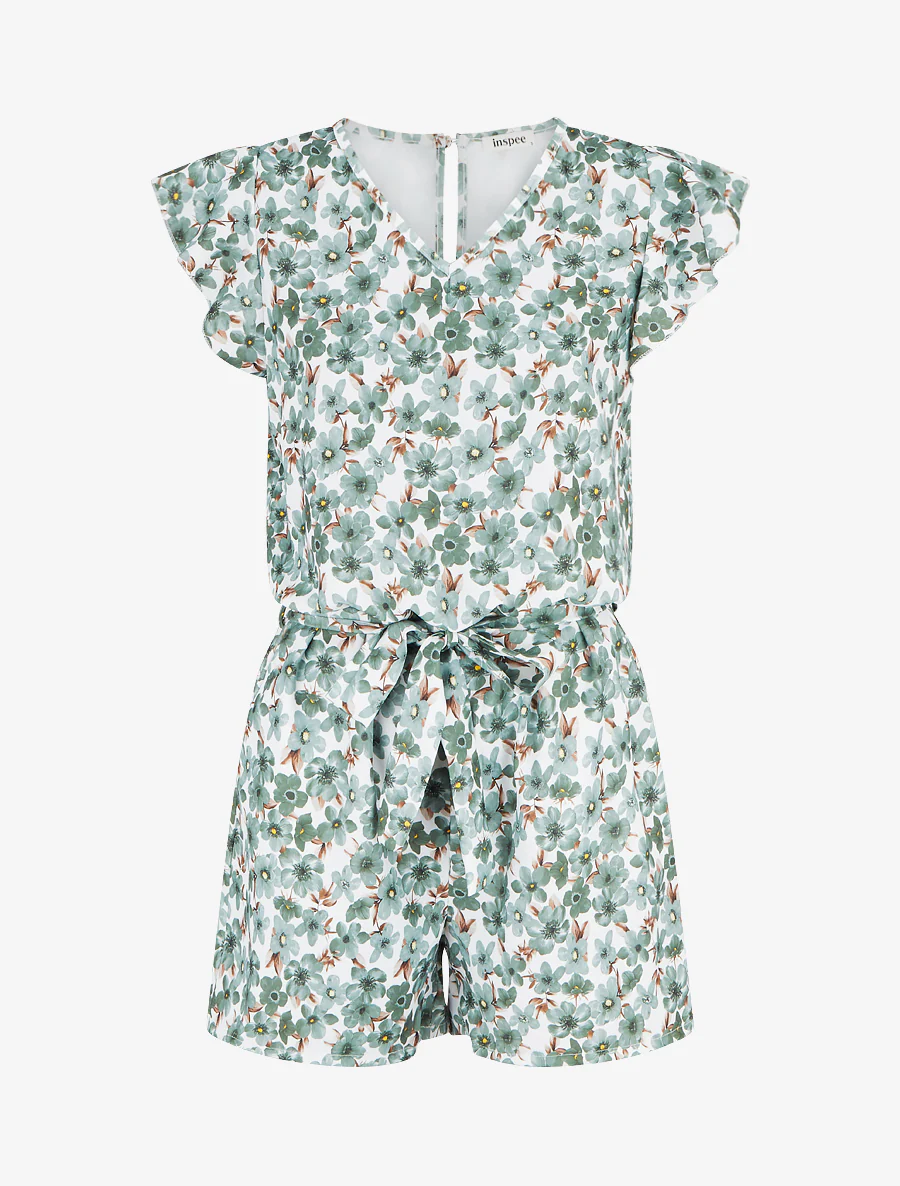 Bloemen jumpsuit met korte volantmouwen - Kaki