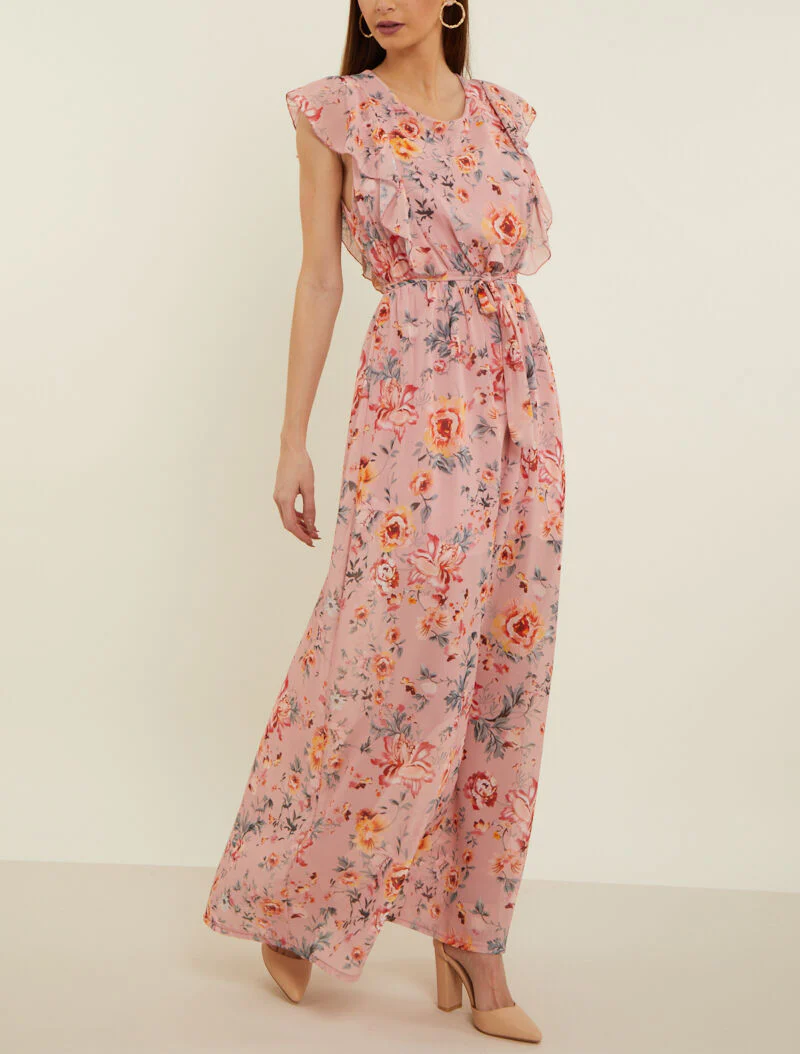 Bloemenjurk met geplooide buste - roze