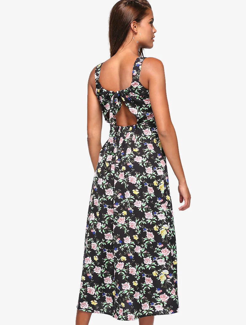 Bloemenjurk met open rug - zwart - Image 4