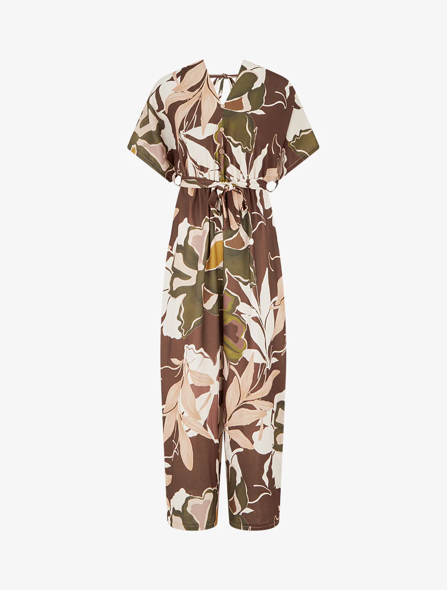 Bloemenprint jumpsuit met elastische tailleband - Bruin