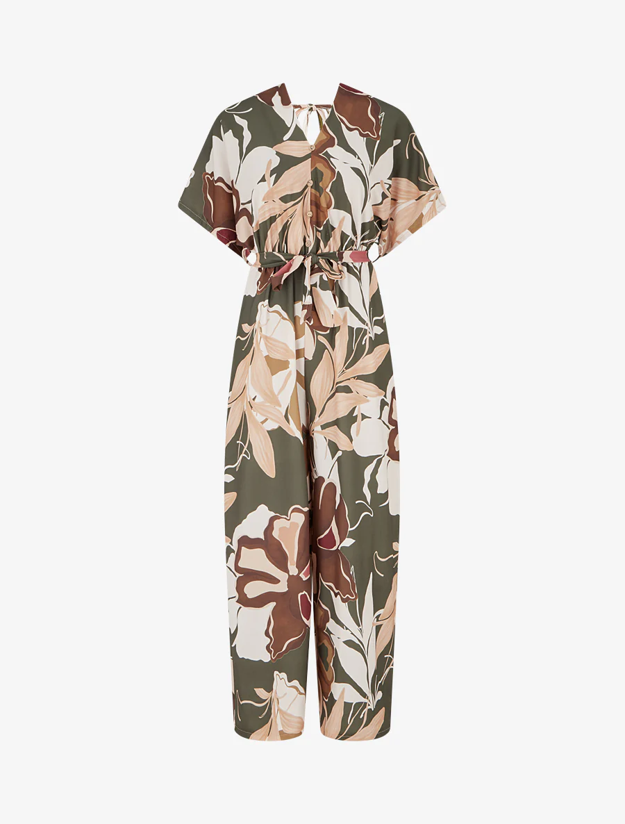 Bloemenprint jumpsuit met elastische tailleband - Kaki