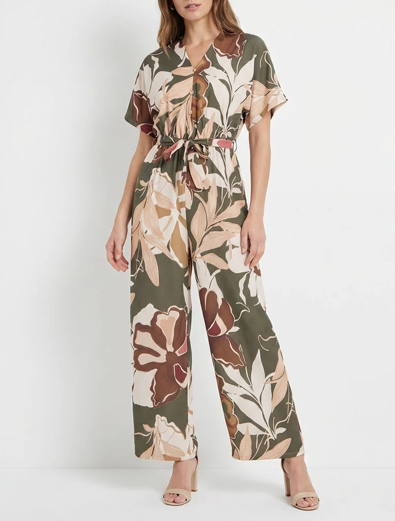 Bloemenprint jumpsuit met elastische tailleband - Kaki - Image 4