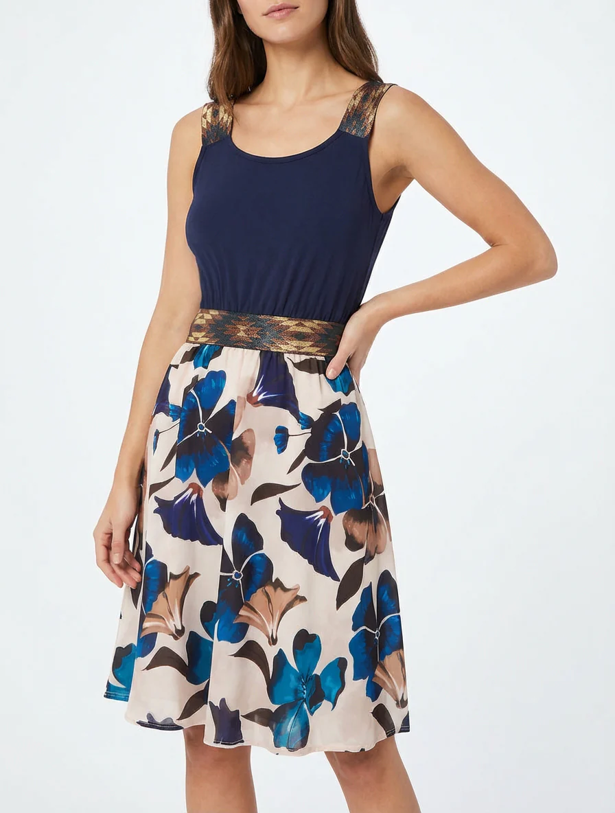 Bloemenprint jurk met elastische tailleband fantasie - Marine - Image 4