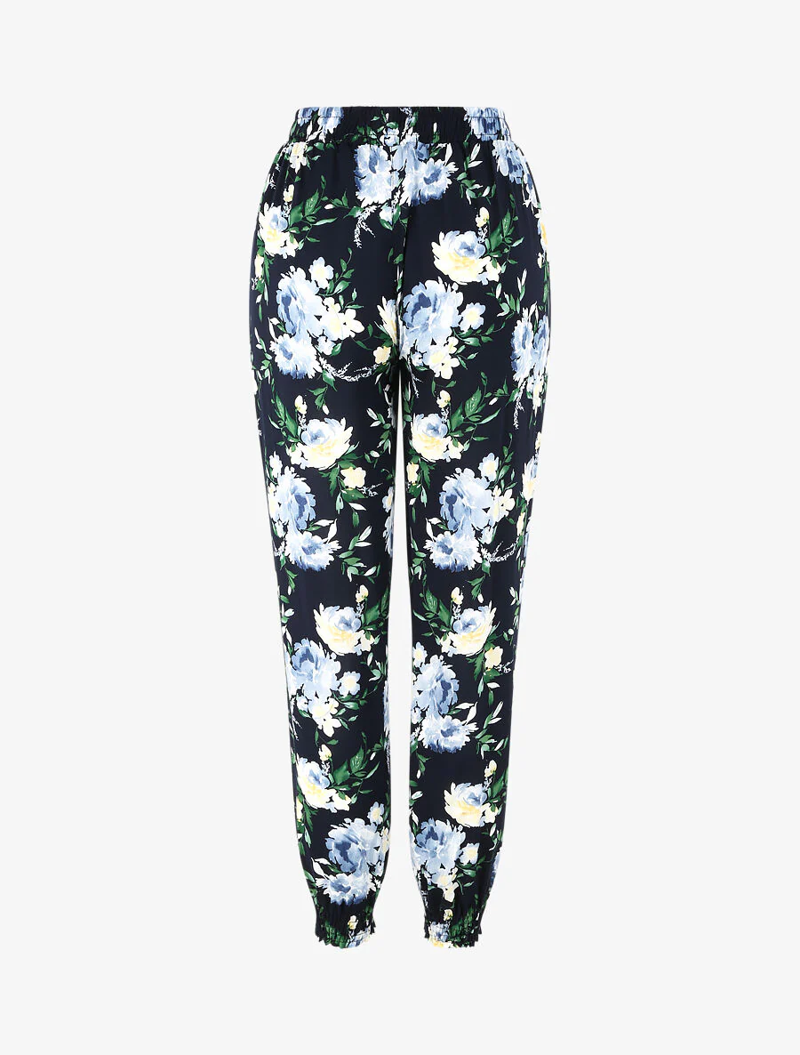 Bloemenprint voorjaar vloeiende broek met elastische randen - Marine - Image 2