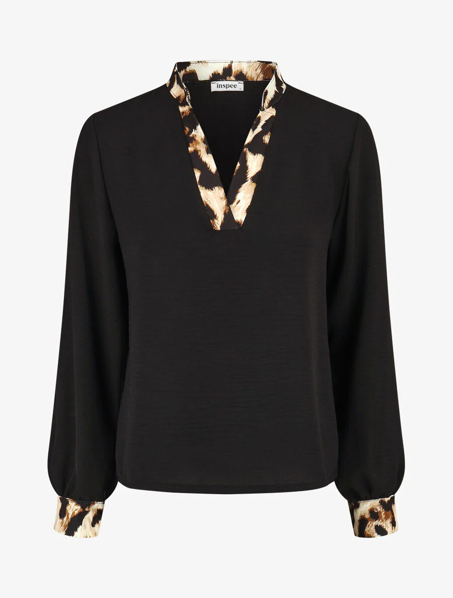 Blouse met boorden en luipaardprint - Zwart