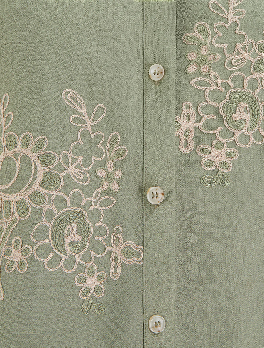 Blouse met korte mouwen en bloemenborduursels - Kaki - Image 3