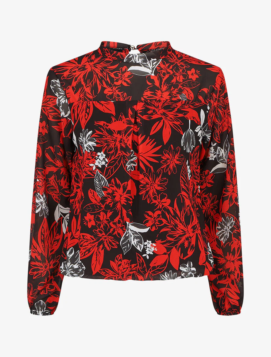 Blouse met lange mouwen. ronde hals en bloemenprint - Zwart/rood