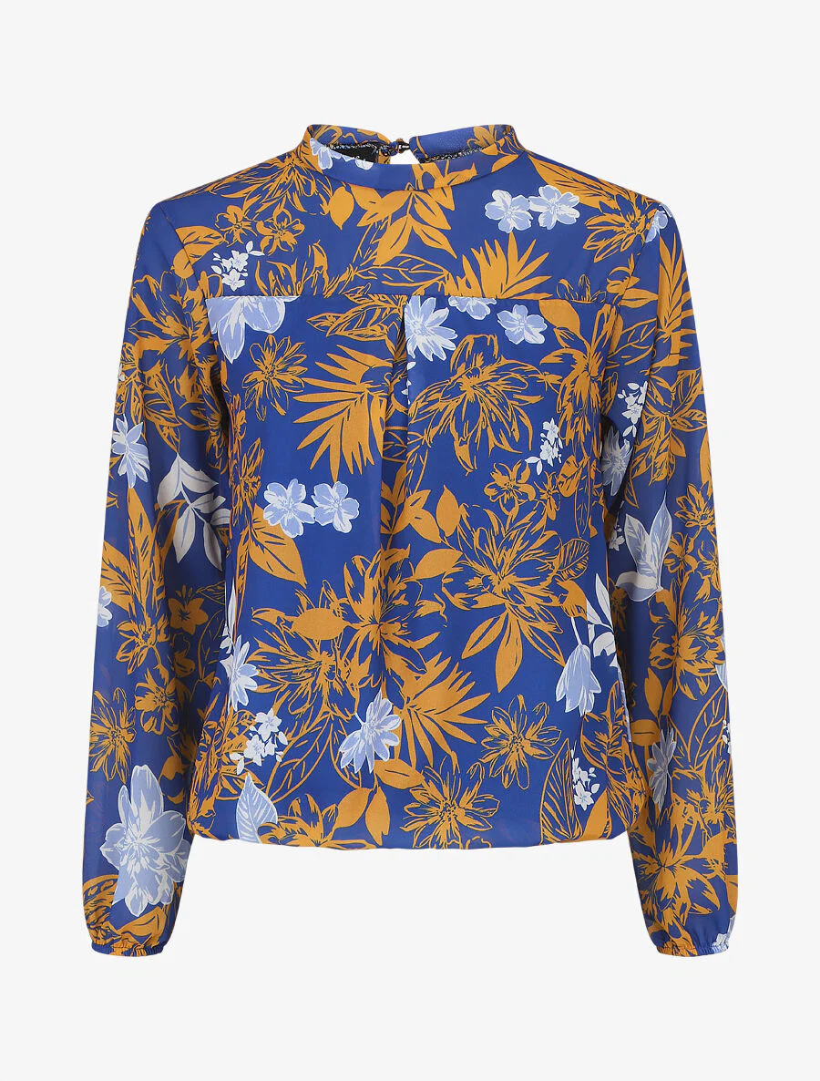Blouse met lange mouwen. ronde hals en bloemenprint - Elektrisch blauw/geel