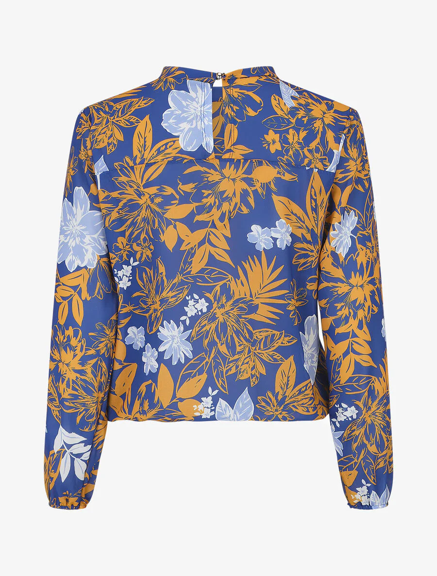 Blouse met lange mouwen. ronde hals en bloemenprint - Elektrisch blauw/geel - Image 2