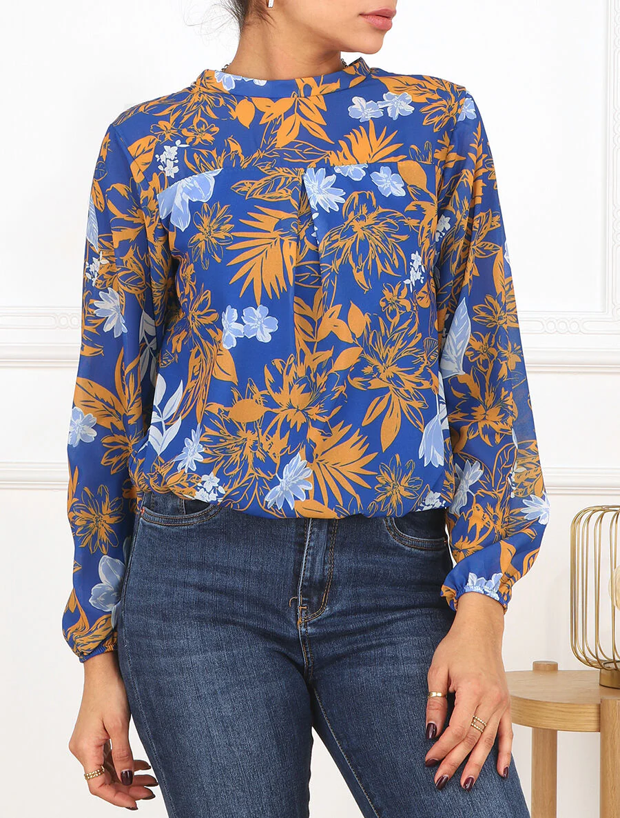 Blouse met lange mouwen. ronde hals en bloemenprint - Elektrisch blauw/geel - Image 4