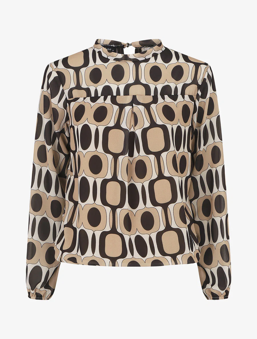 Blouse met lange mouwen. ronde hals en grafische 70's print - Beige