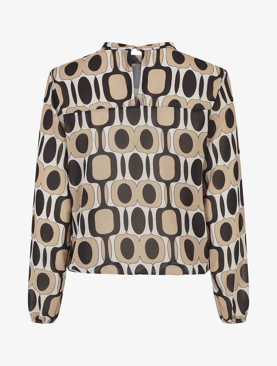 Blouse met lange mouwen. ronde hals en grafische 70's print - Beige - Image 2