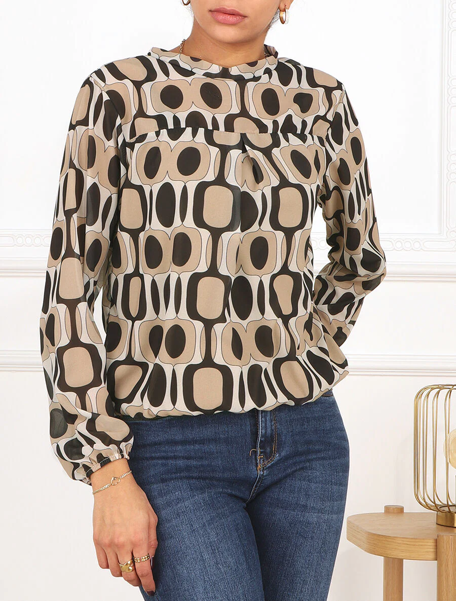 Blouse met lange mouwen. ronde hals en grafische 70's print - Beige - Image 4