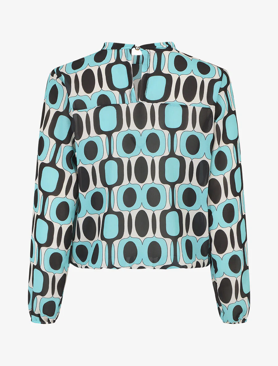 Blouse met lange mouwen. ronde hals en grafische 70's print - Lichtblauw - Image 2