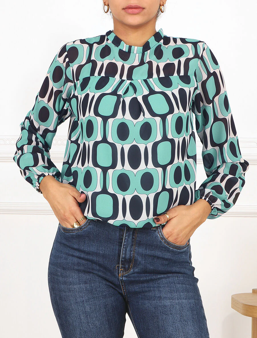 Blouse met lange mouwen. ronde hals en grafische 70's print - Lichtblauw - Image 4