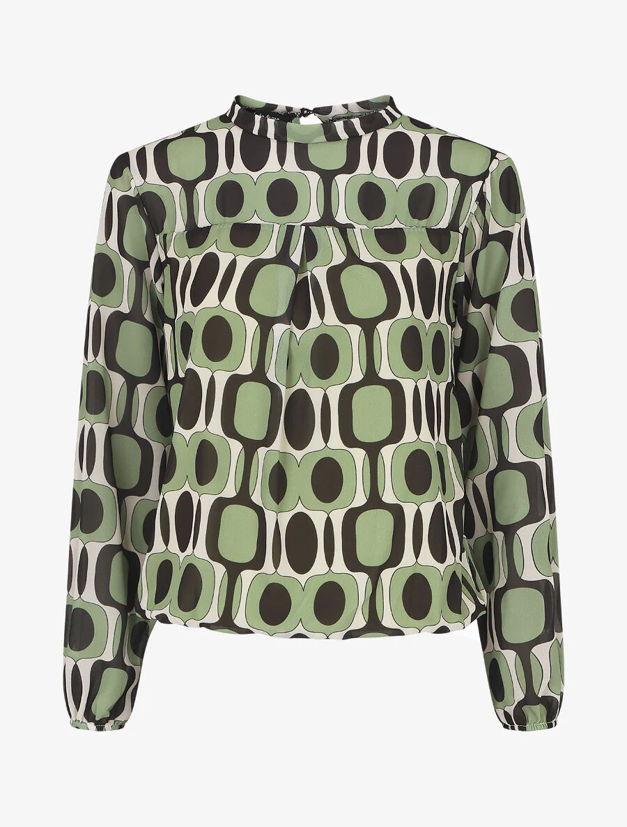 Blouse met lange mouwen. ronde hals en grafische 70's print - amandelgroen