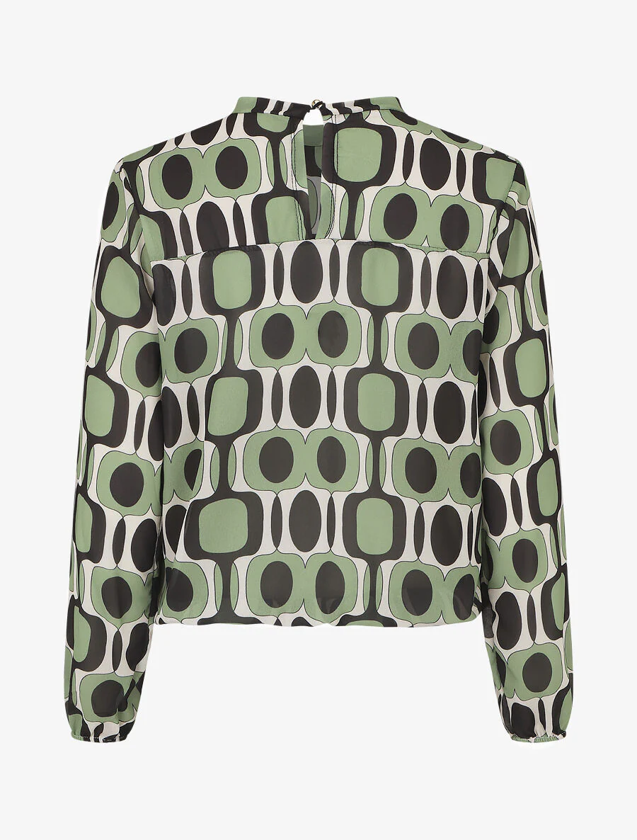 Blouse met lange mouwen. ronde hals en grafische 70's print - amandelgroen - Image 2