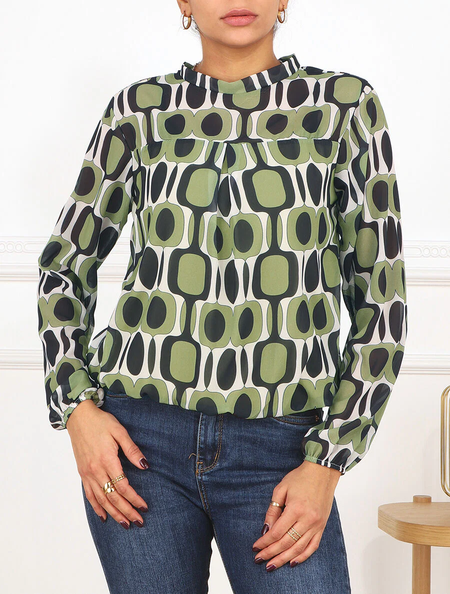 Blouse met lange mouwen. ronde hals en grafische 70's print - amandelgroen - Image 4