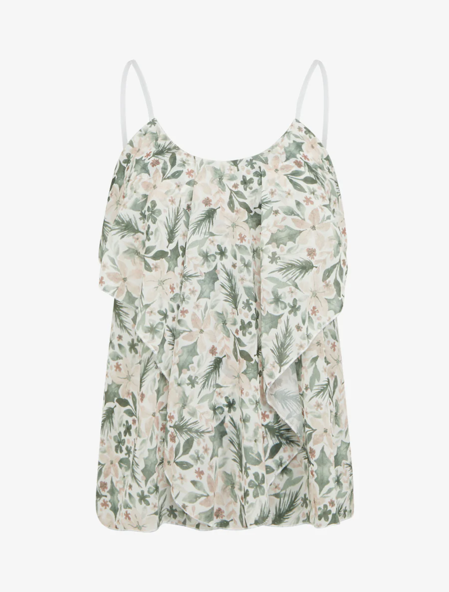 Blouse met ruches en bladprint. - Kaki