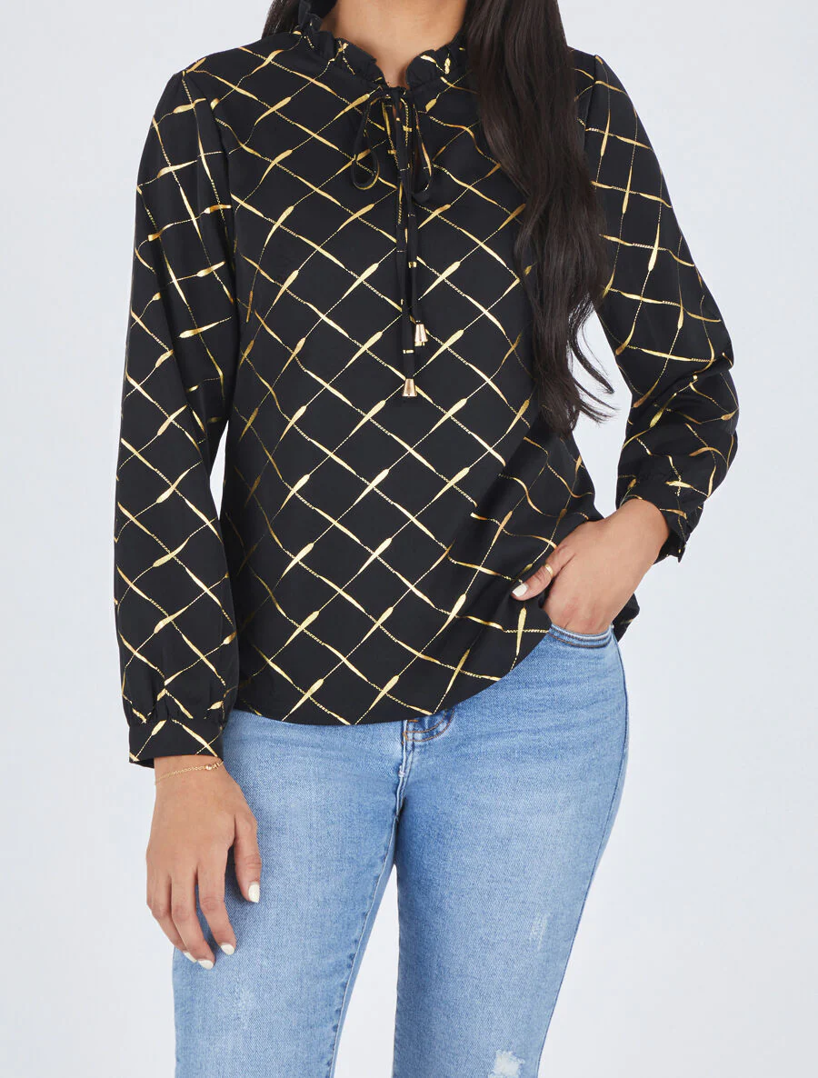 Blouse met V-hals en vergulde print - Zwart - Image 4