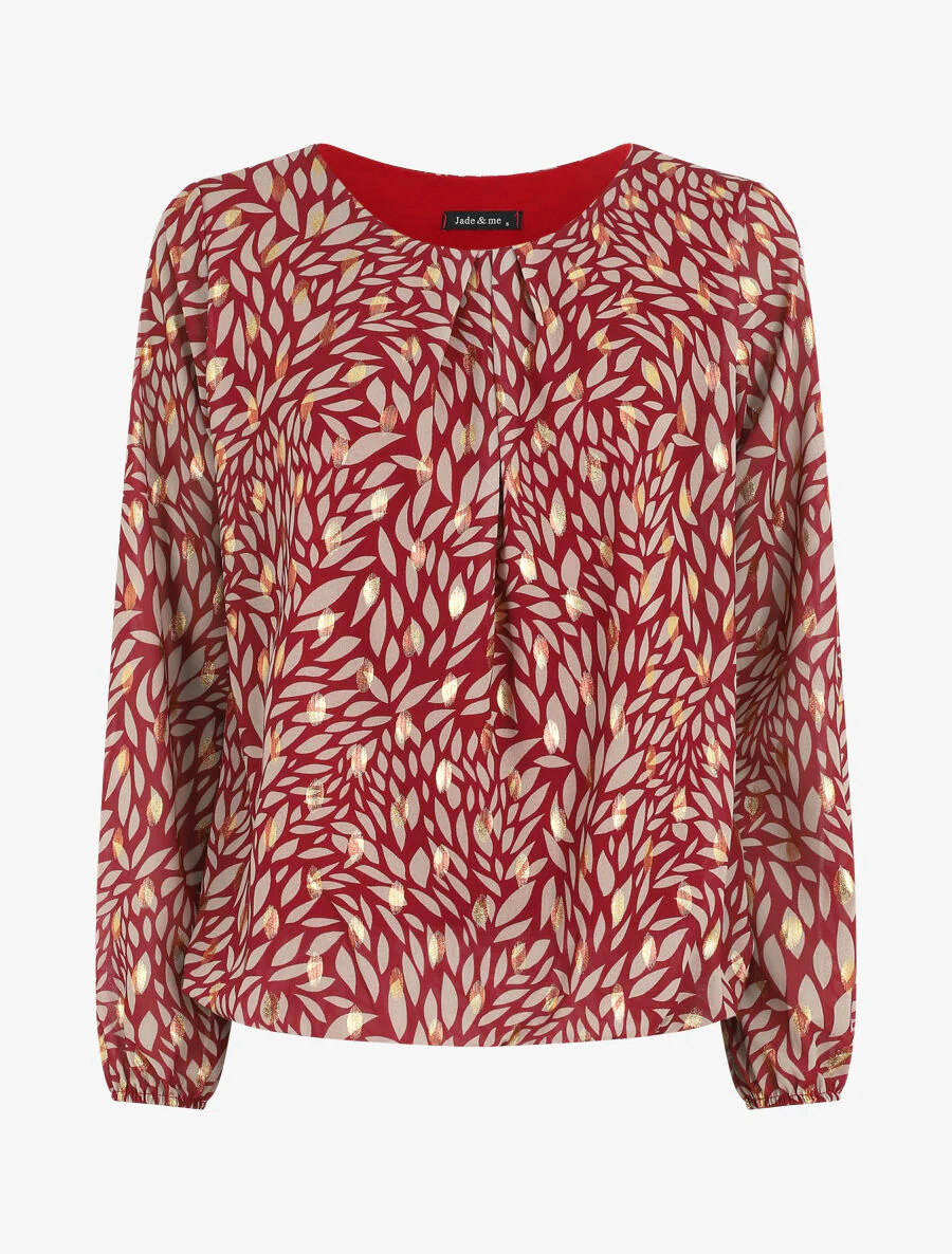 Ruime blouse van voile met iriserende bladerenprint - Bordeaux