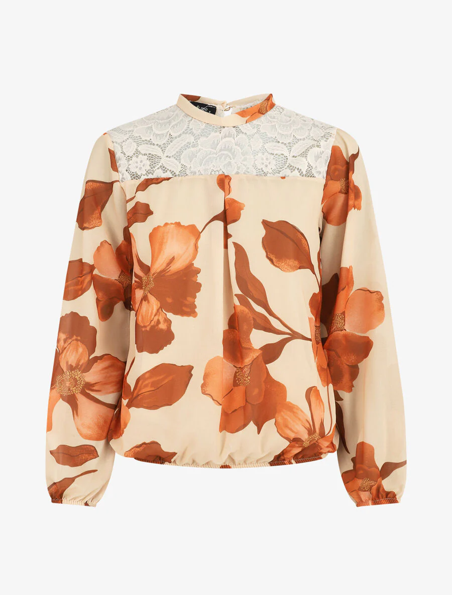 Blouse van geprinte grote bloemen voile - Beige
