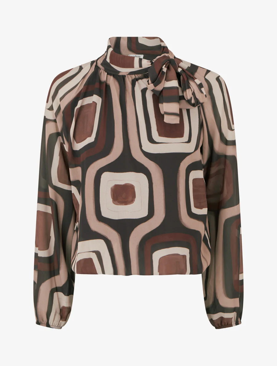 Blouse van retro bedrukte voile om te knopen - Bruin