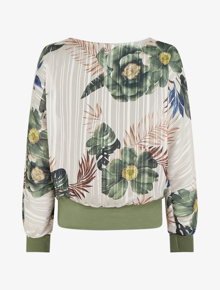 Blouse van voile met bladerprint en iriserend detail - Kaki - Image 2