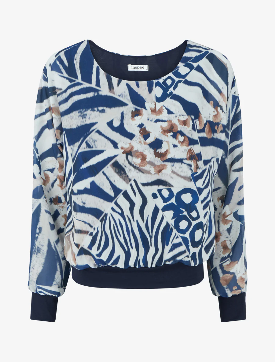Blouse van voile met dierenprint - Marine