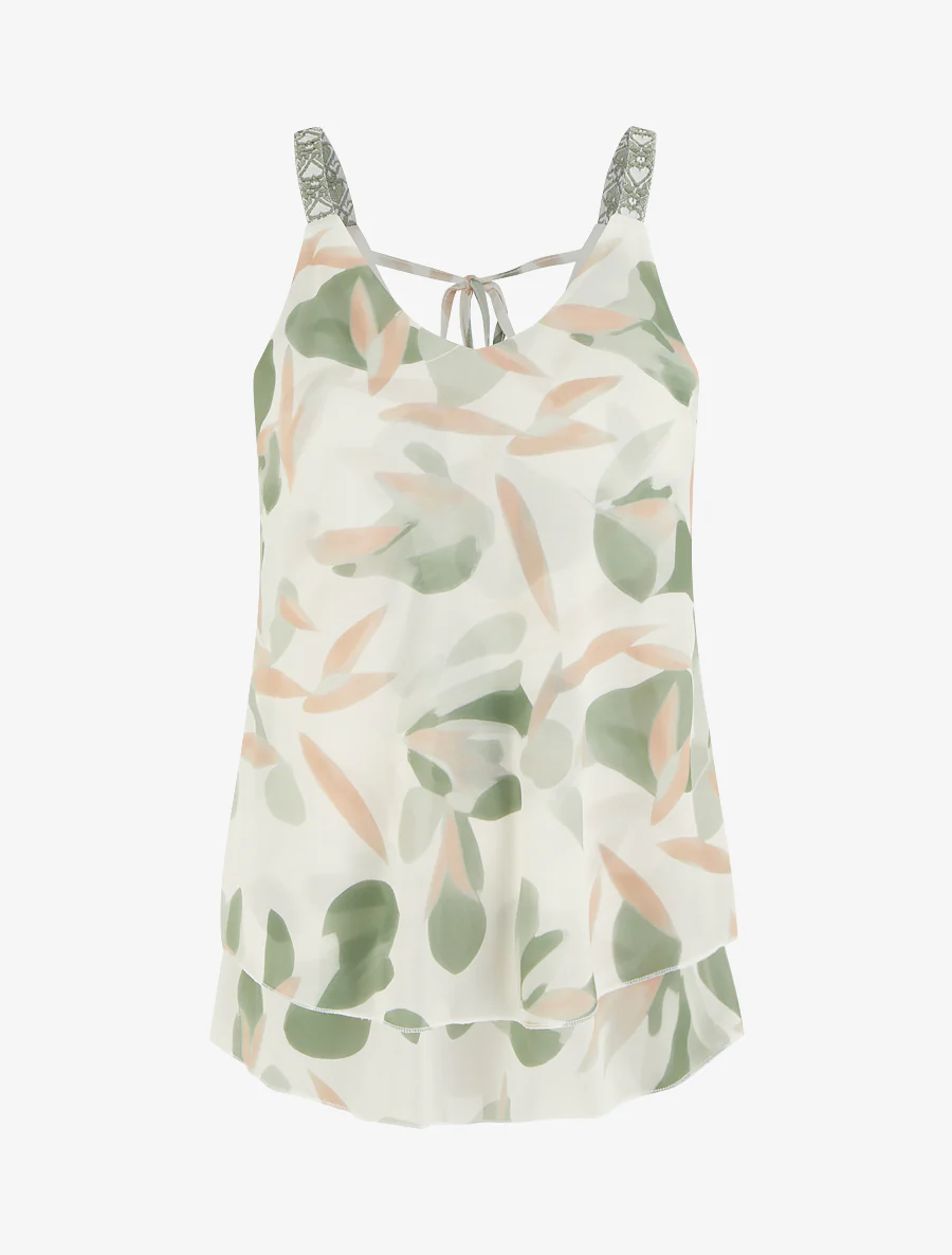 Blousetop met bladprint en geborduurde bandjes - Kaki