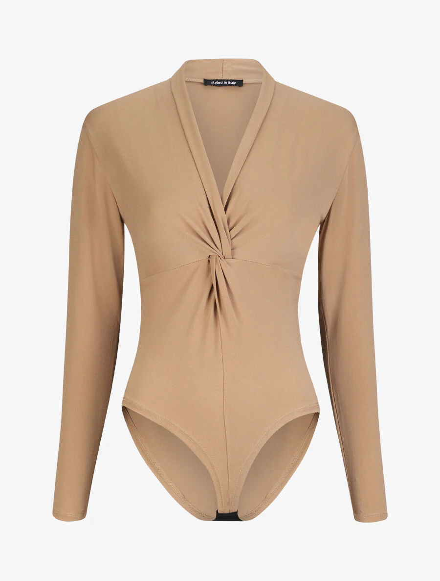 Body met knoop kraag stijl - Kameel