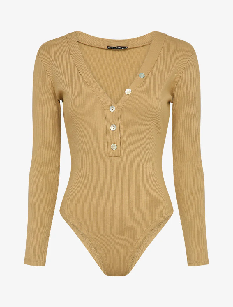 Body stretch met gestileerde knopen - Donkerbeige
