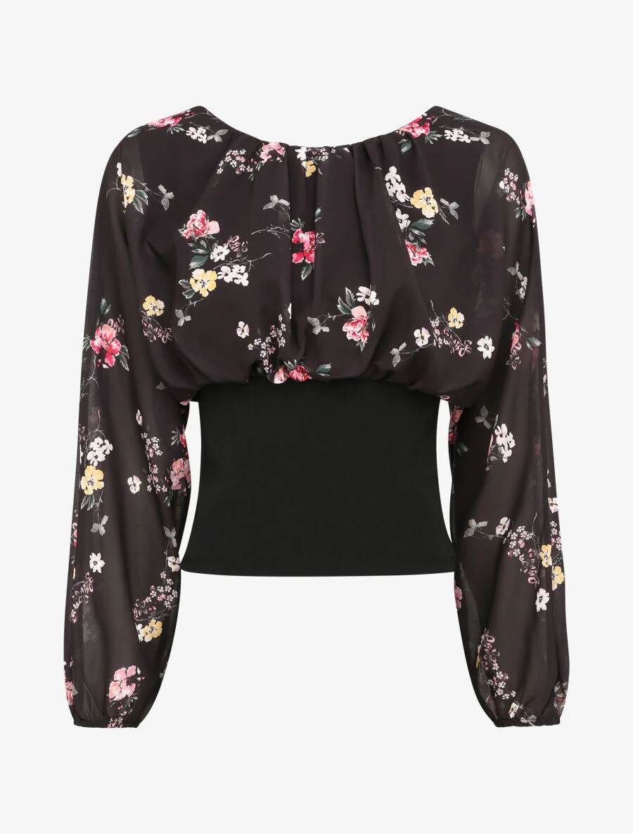 Top met landelijke bloemenprint - Zwart