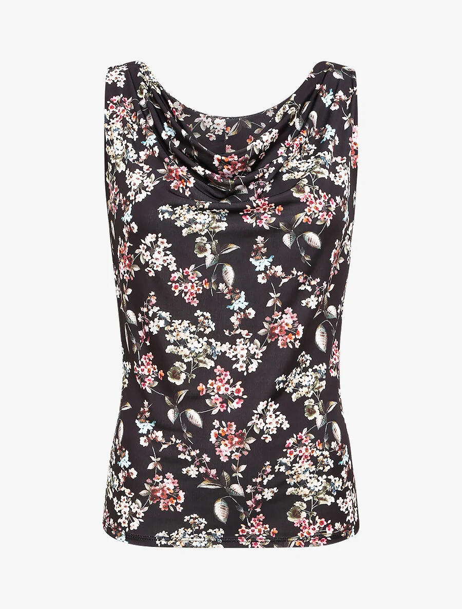 Top met watervalhals met lentebloemenprint - Zwart