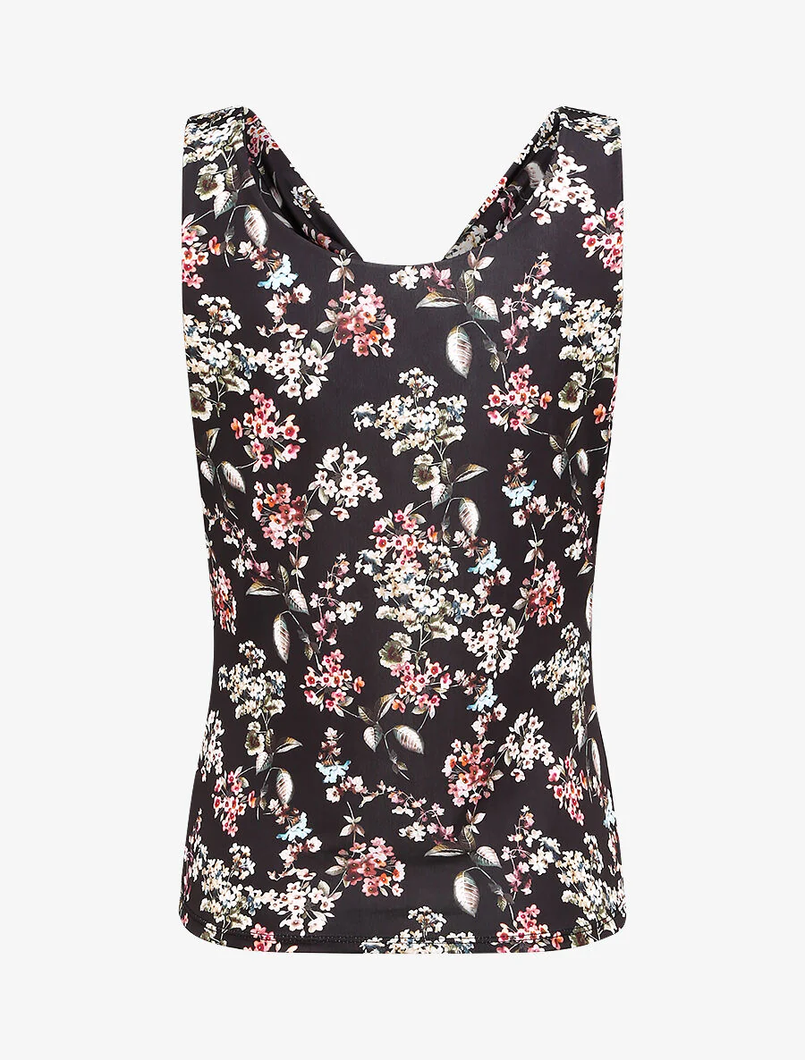 Top met watervalhals met lentebloemenprint - Zwart - Image 2