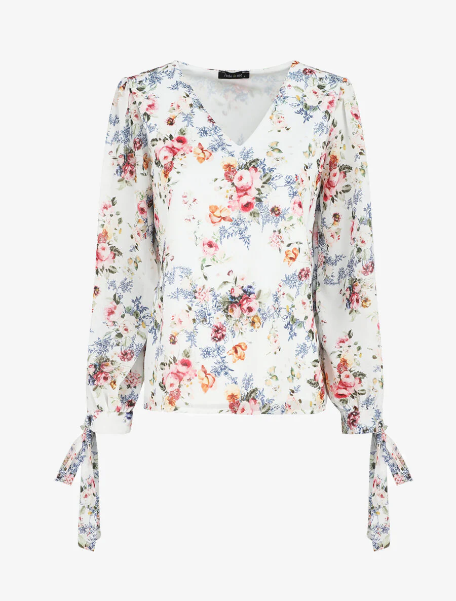 Bovenkant col V geprinte bloemen - Wit