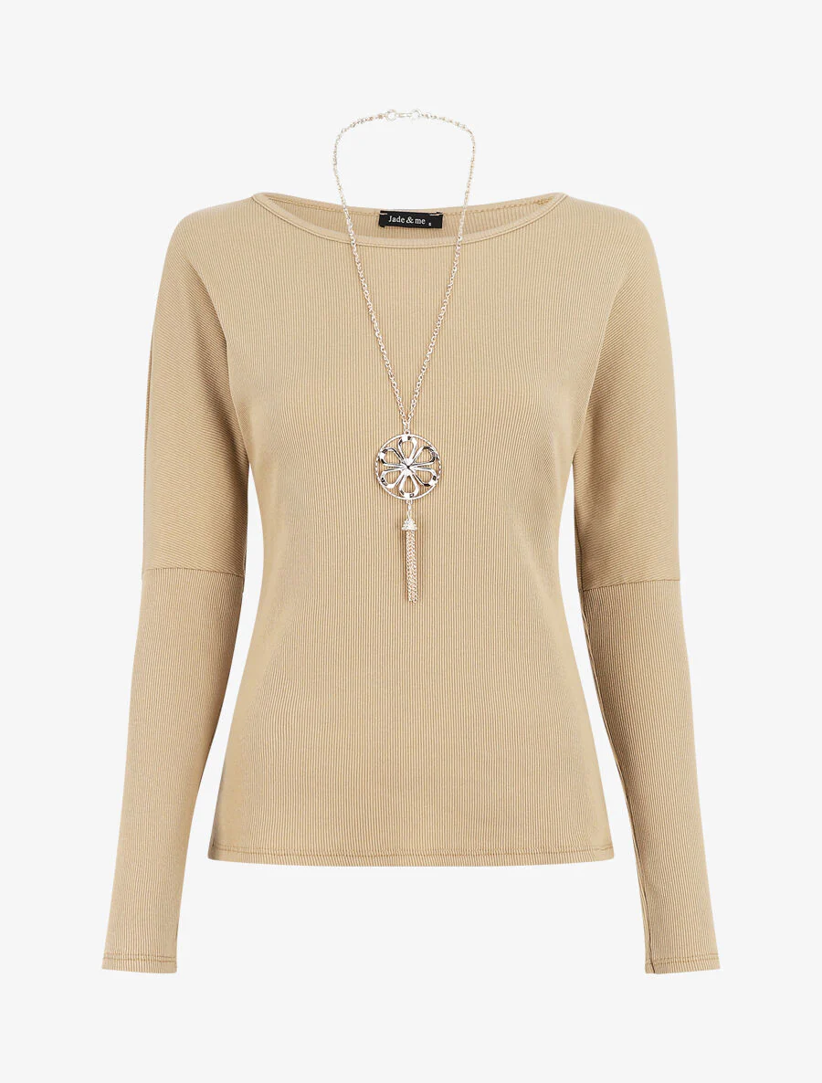 Bovenkant geribbeld eenkleurig lange mouwen - Beige