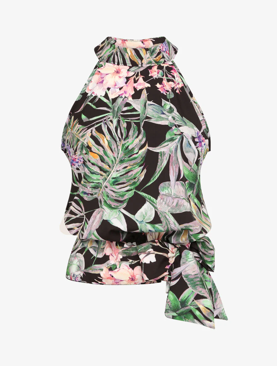 Bovenste knoopbal met gedrukte tropische bloemen - Zwart