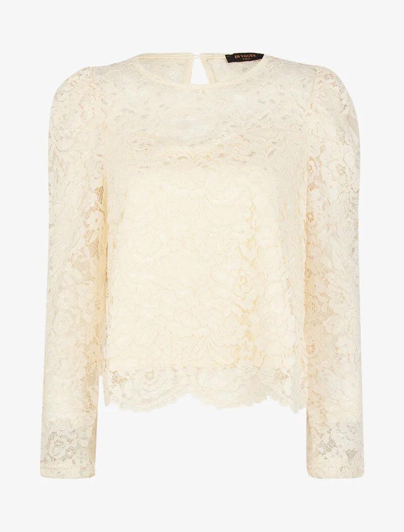 Bovenstuk met uitgesneden kant en festonranden - beige