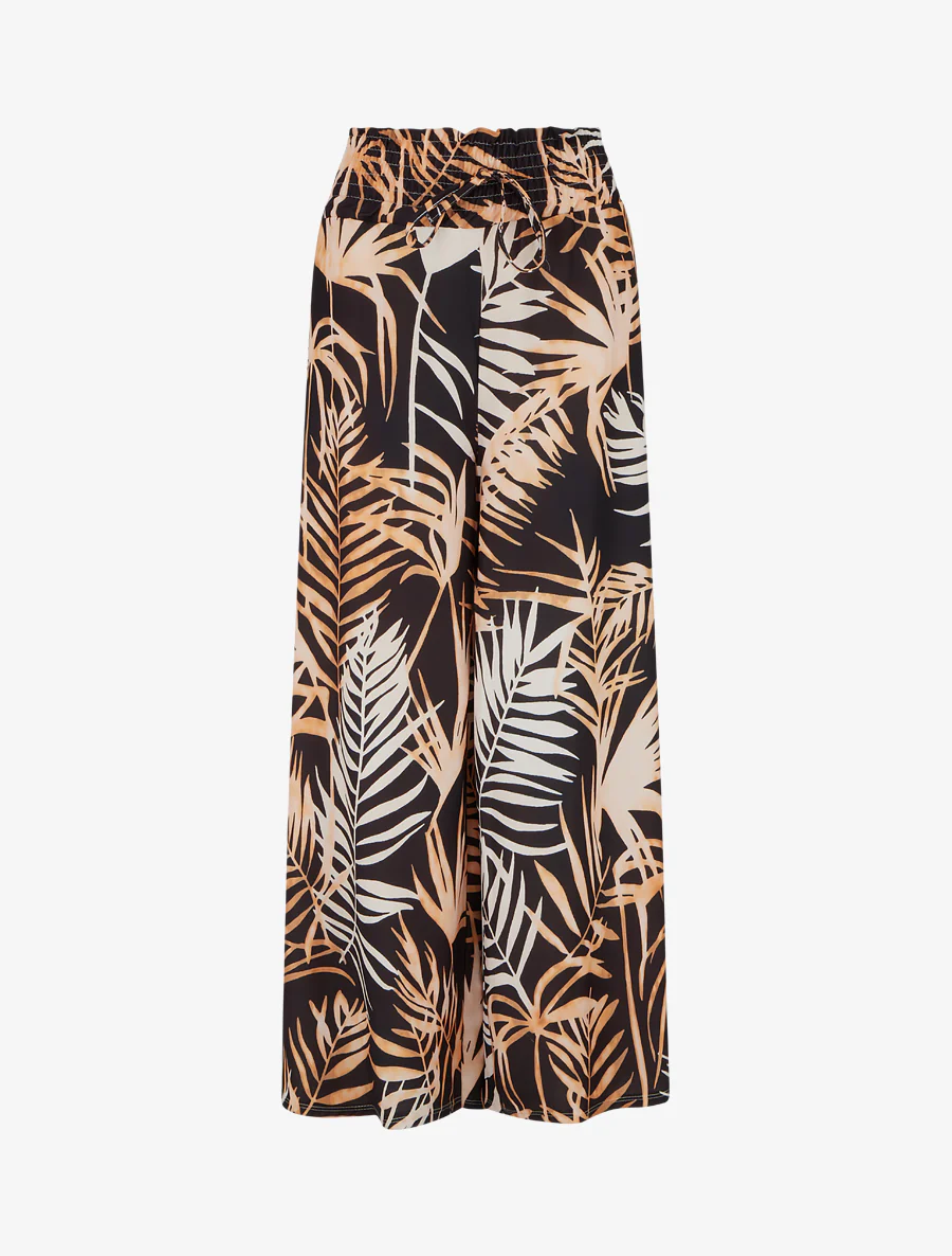 Broek met bladprint en elastische tailleband - Zwart