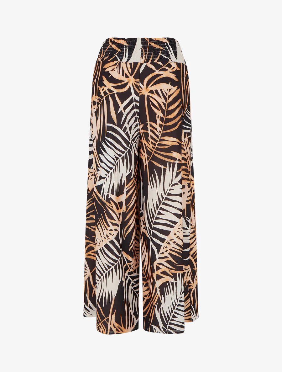 Broek met bladprint en elastische tailleband - Zwart - Image 2
