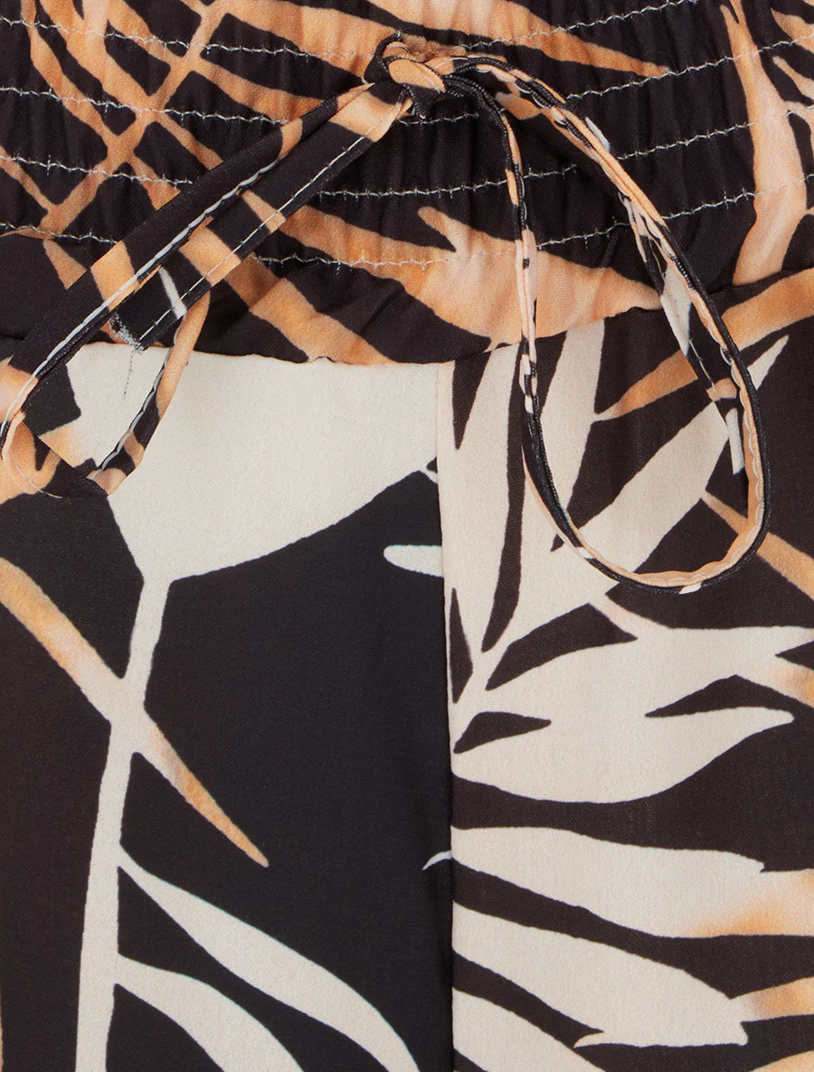 Broek met bladprint en elastische tailleband - Zwart - Image 3