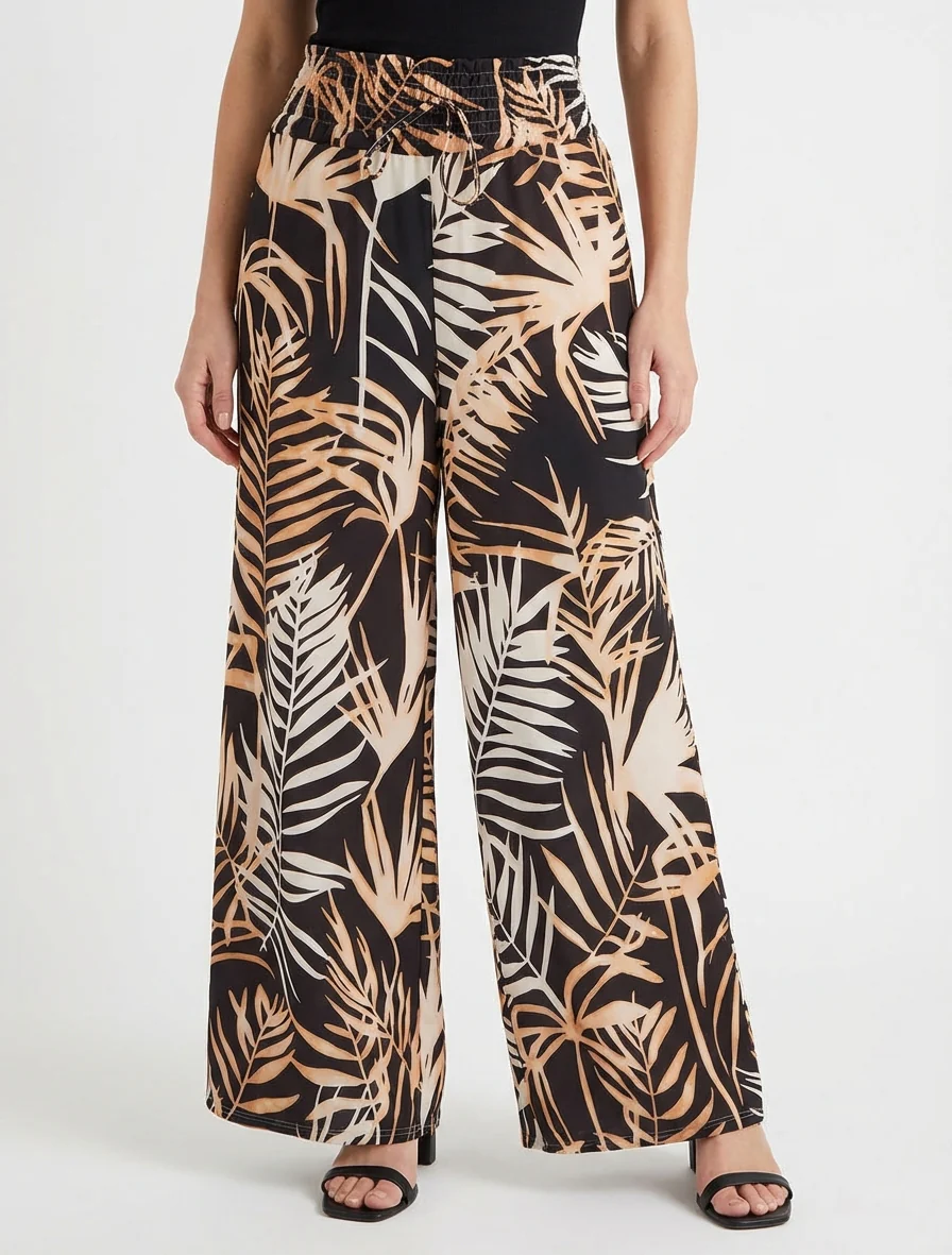 Broek met bladprint en elastische tailleband - Zwart - Image 4