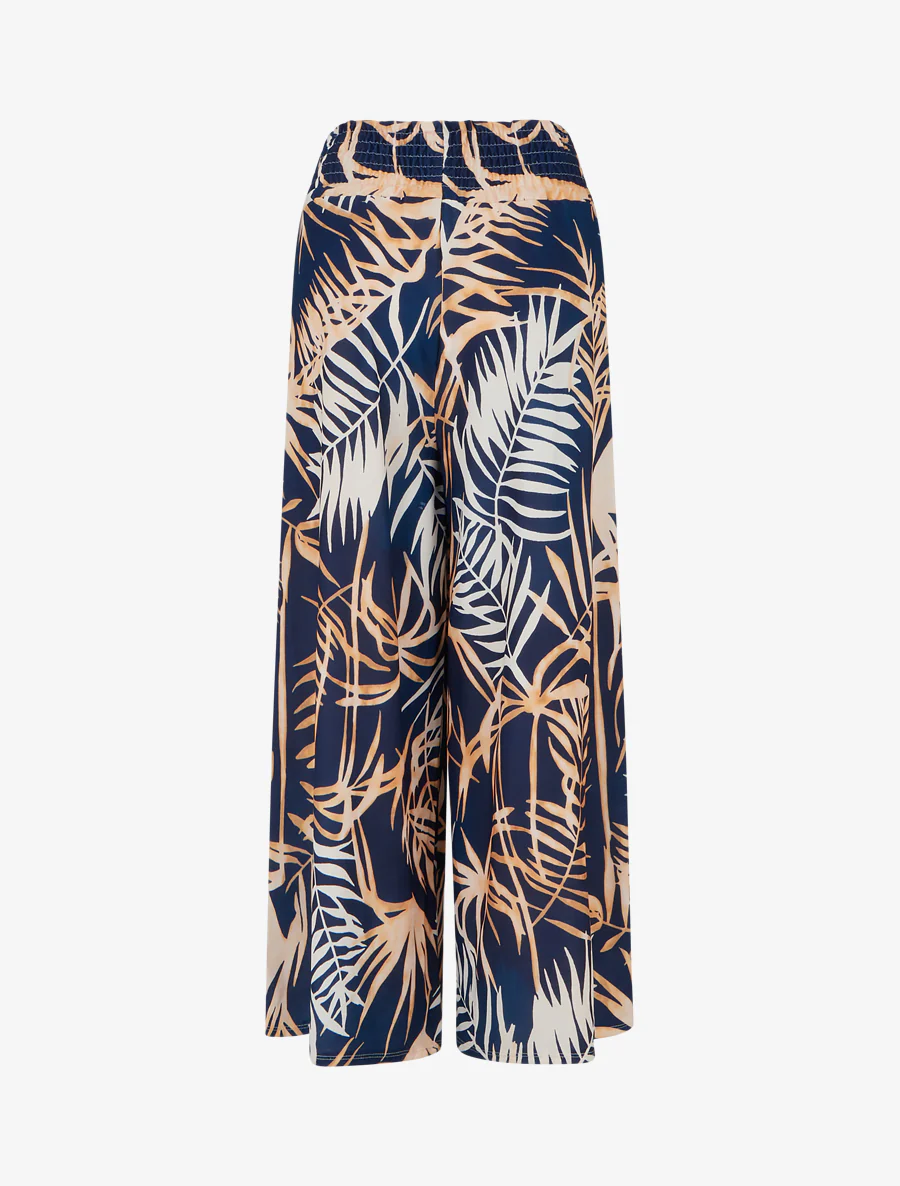 Broek met bladprint en elastische tailleband - Marine - Image 2