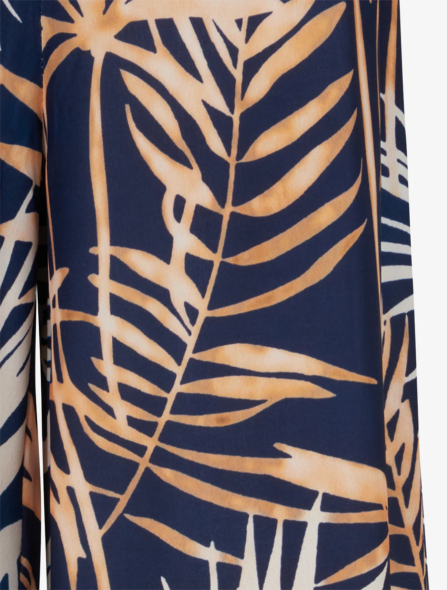 Broek met bladprint en elastische tailleband - Marine - Image 3