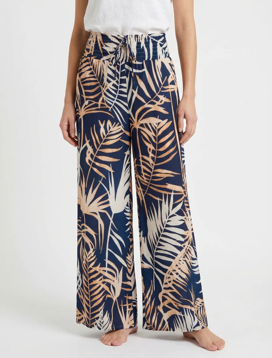 Broek met bladprint en elastische tailleband - Marine - Image 4