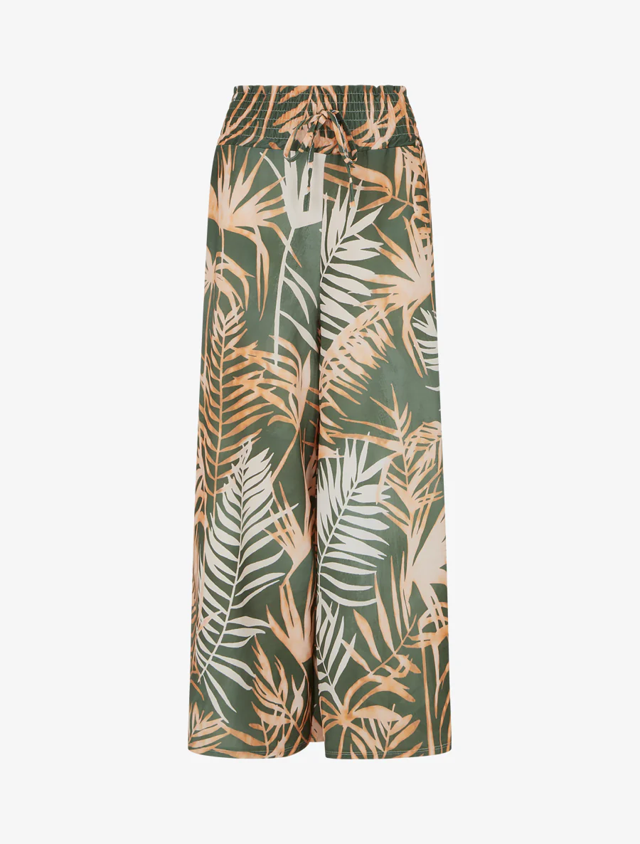 Broek met bladprint en elastische tailleband - Kaki