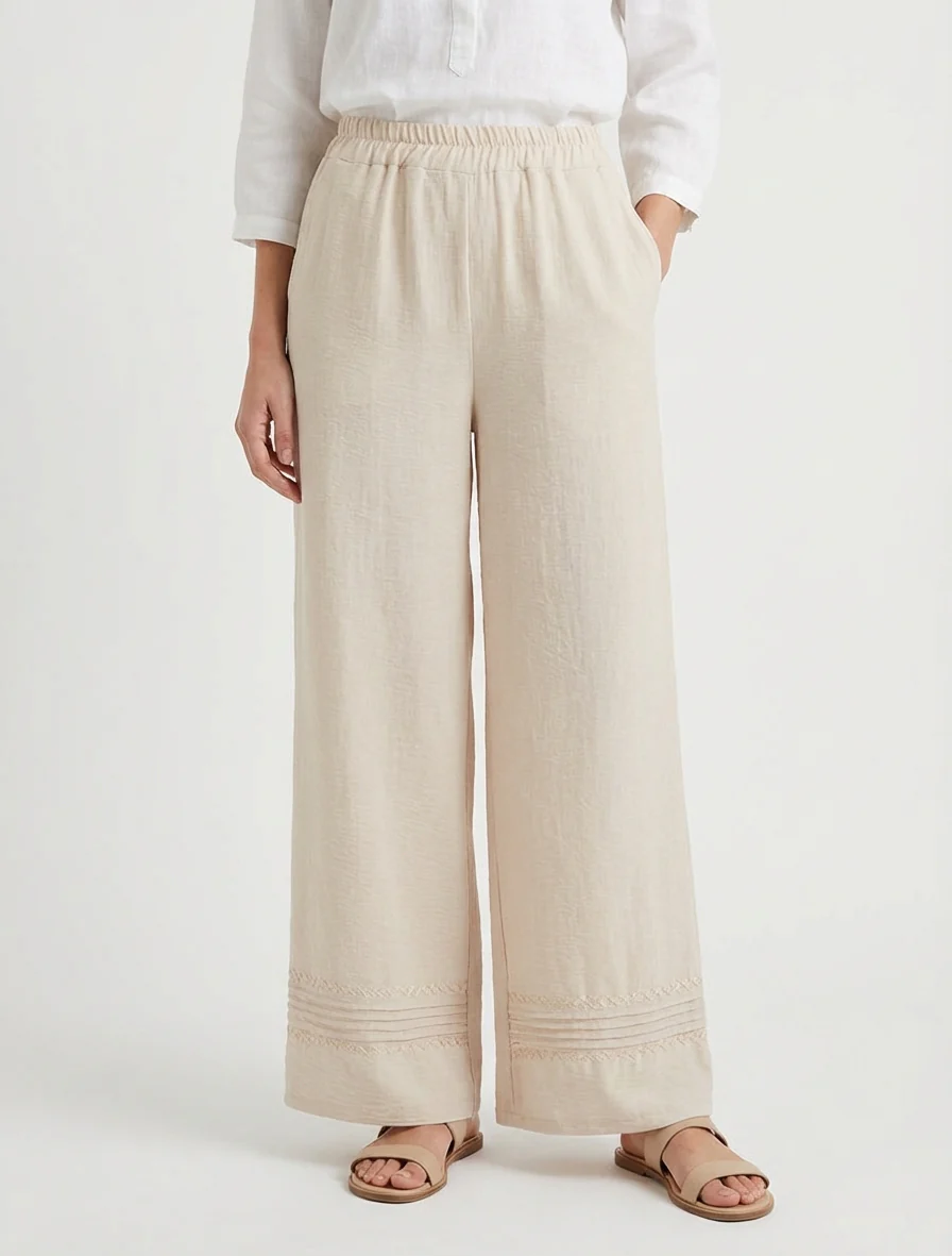 Broek met geborduurde randen - Beige - Image 4