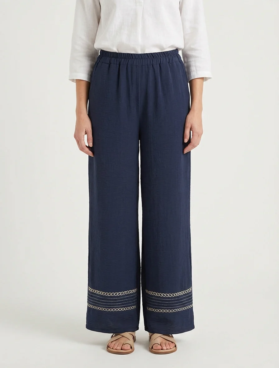 Broek met geborduurde randen - Marine - Image 4